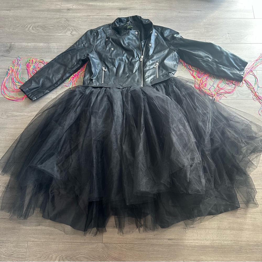 EUC Club Exx Black Faux Leather Jacket (with neon fringe) with Tulle Skirt